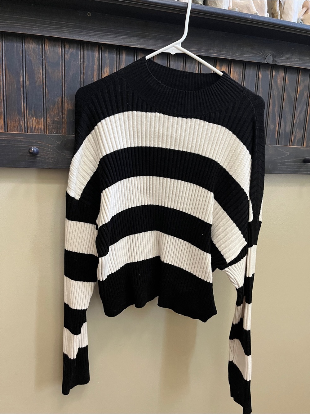 RVCA Black & White Wide Striped Ribbed Crew Sweater